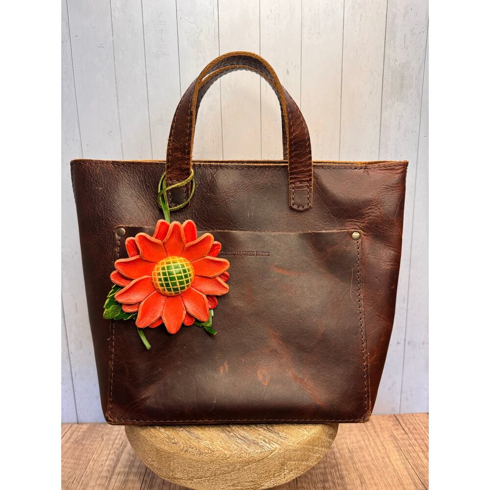 Orange Sunflower Genuine Leather Purse Charm Hand Painted Leather Fall Bag Charm